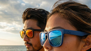 Asian outdoor couple wearing 2nu sunglasses by the beach after sweaty coastal activity, showing lens coating care context for seawater and daily cleaning