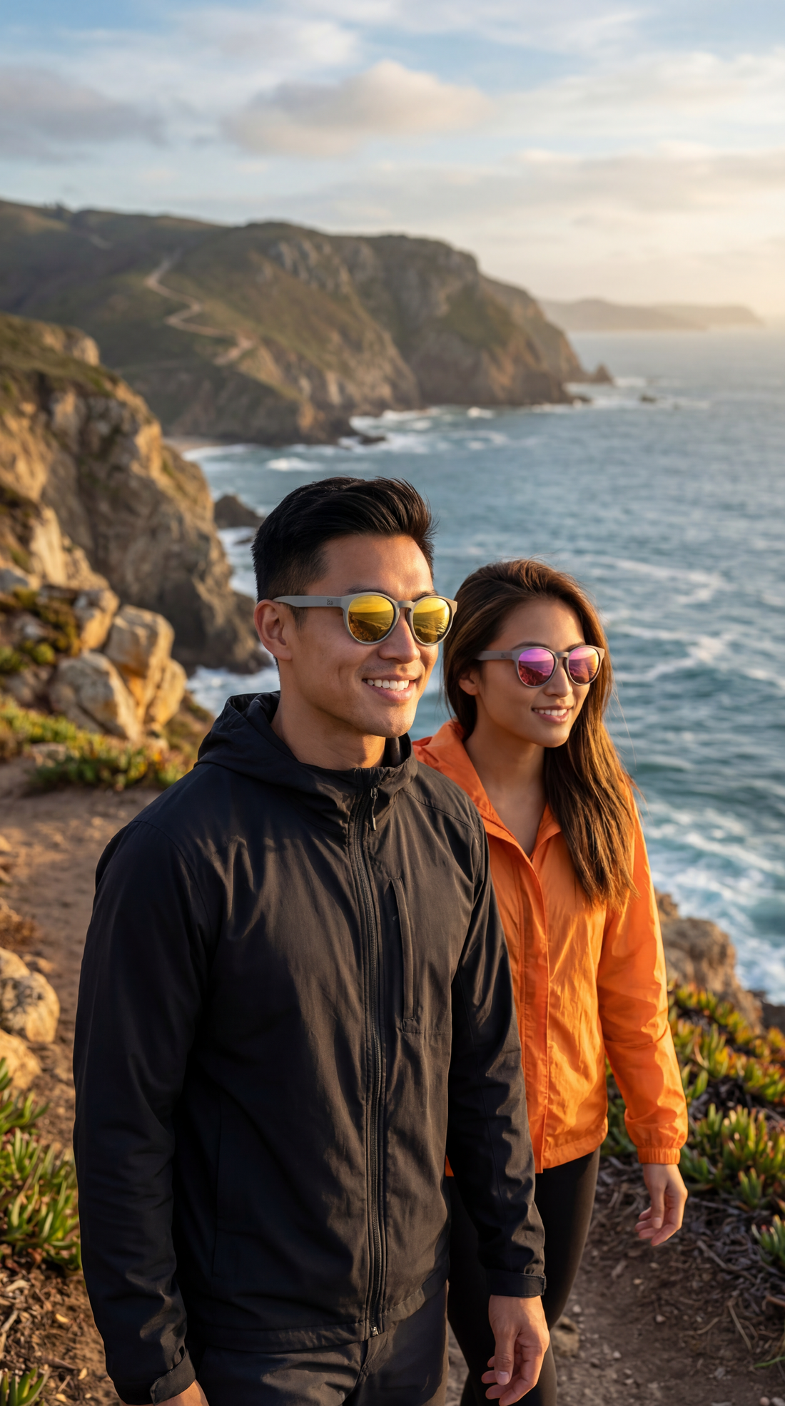 Couple wearing performance sunglasses on coastal cliffs above the sea at golden hour, illustrating lens durability under strong reflected coastal light