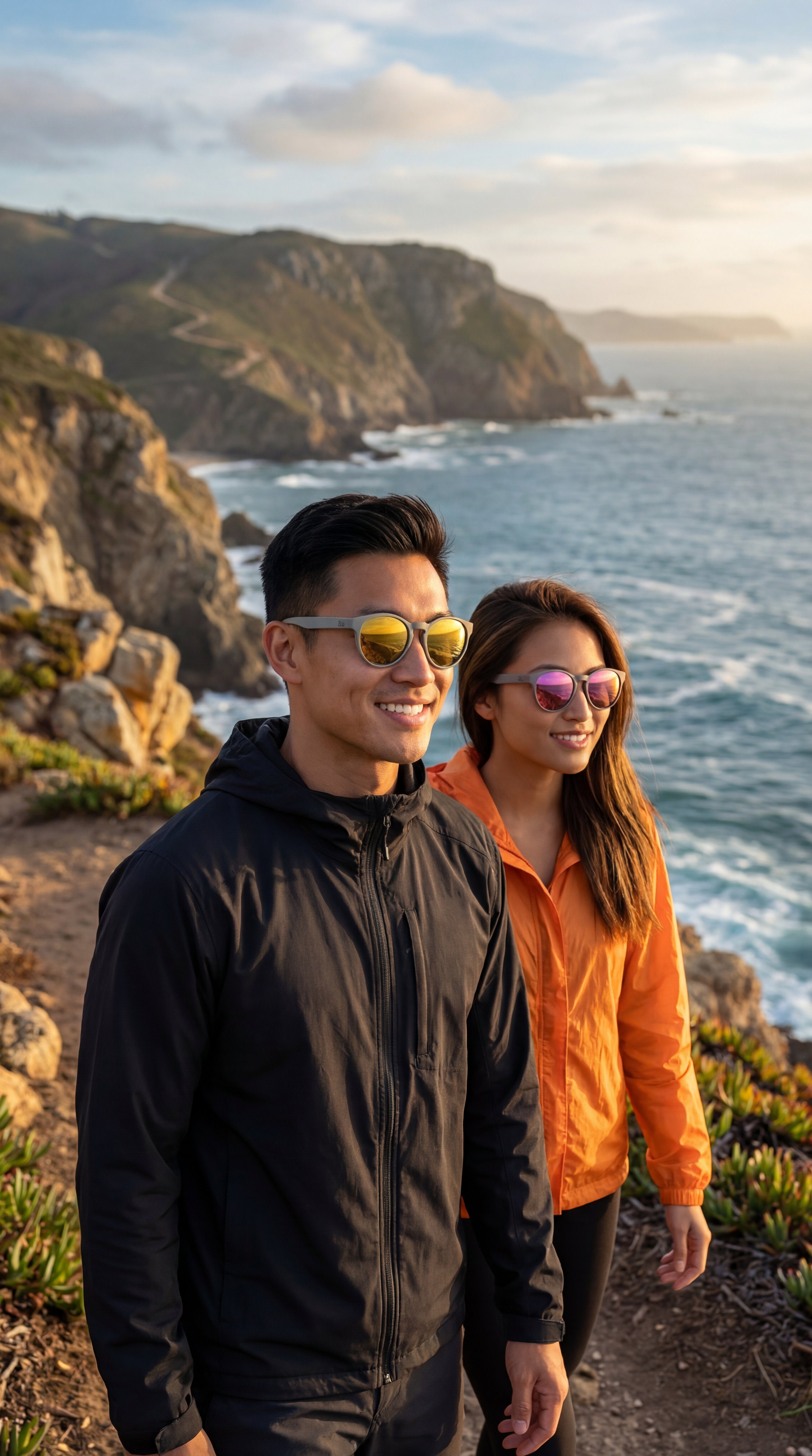 Couple wearing performance sunglasses on coastal cliffs above the sea at golden hour, illustrating lens durability under strong reflected coastal light