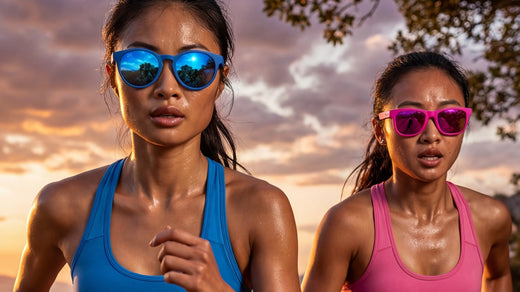 Two runners wearing blue and pink 2nu sunglasses on a sunset trail, showing stable fit during outdoor running.