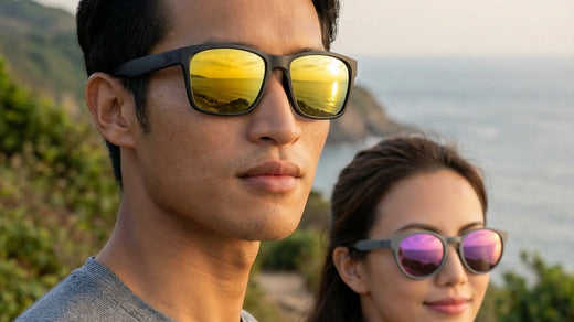 Two hikers wearing outdoor performance sunglasses on a coastal trail at golden hour