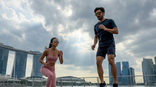 Two outdoor runners in Singapore wearing 2nu sunglasses, showing different frame fits for active urban use
