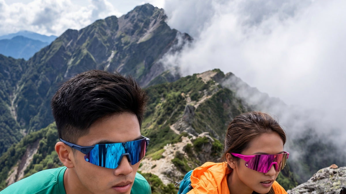 Hiker wearing performance sunglasses on a Hong Kong mountain trail as cloud and sun change