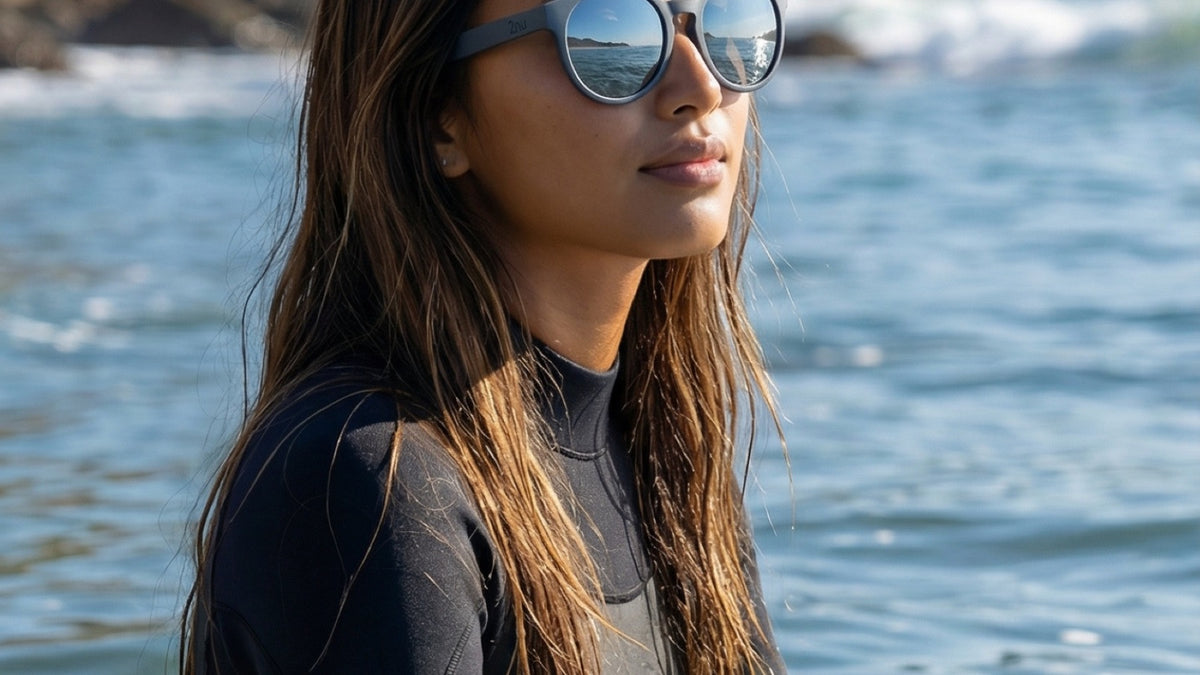 A surfer wearing 2nu sunglasses beside the sea, where reflected glare can affect outdoor vision