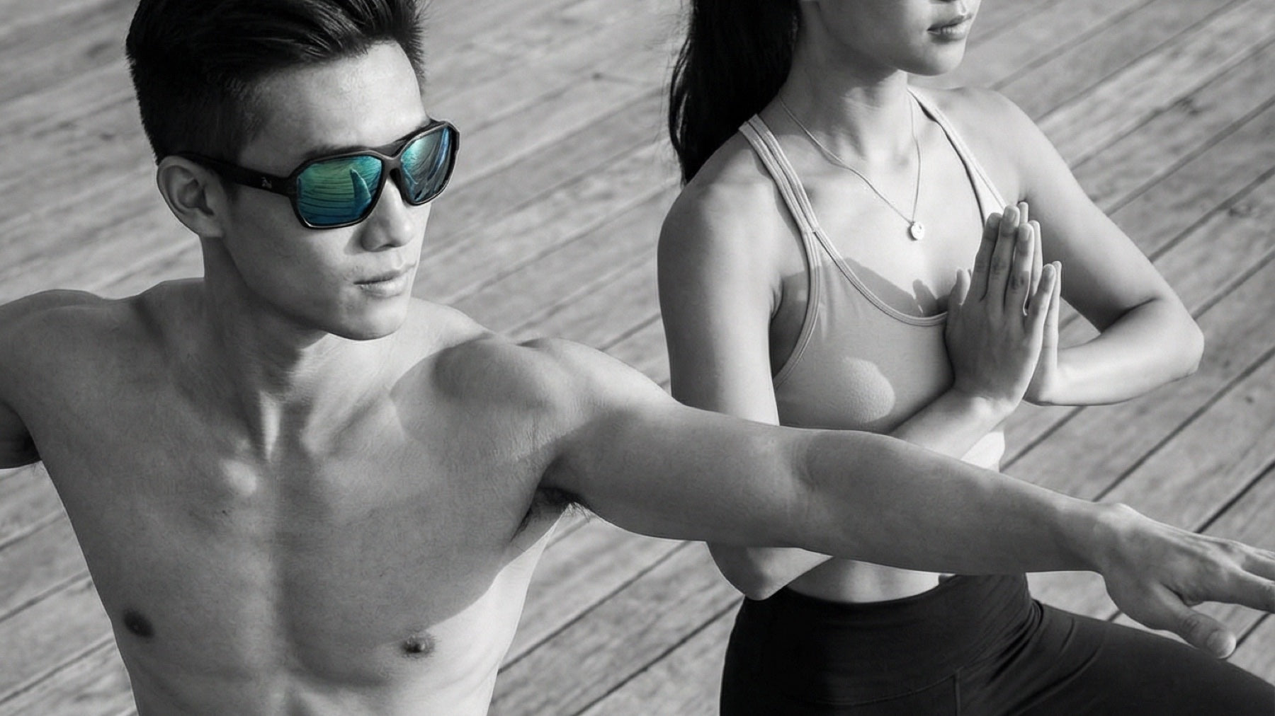 Two people wearing 2nu performance sunglasses outdoors while moving, showing how TryOn helps test frame fit, comfort and stability