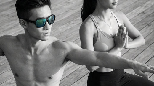 Two people wearing 2nu performance sunglasses outdoors while moving, showing how TryOn helps test frame fit, comfort and stability