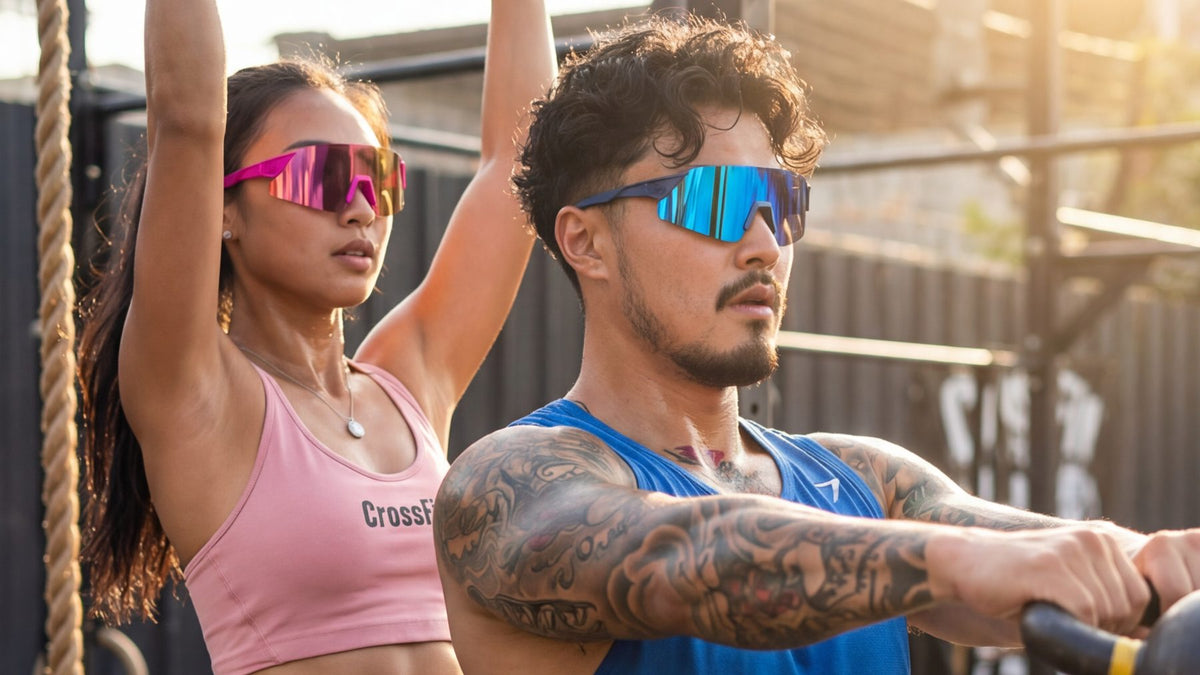 Two athletes wearing reflective sport sunglasses during a golden-hour outdoor training session