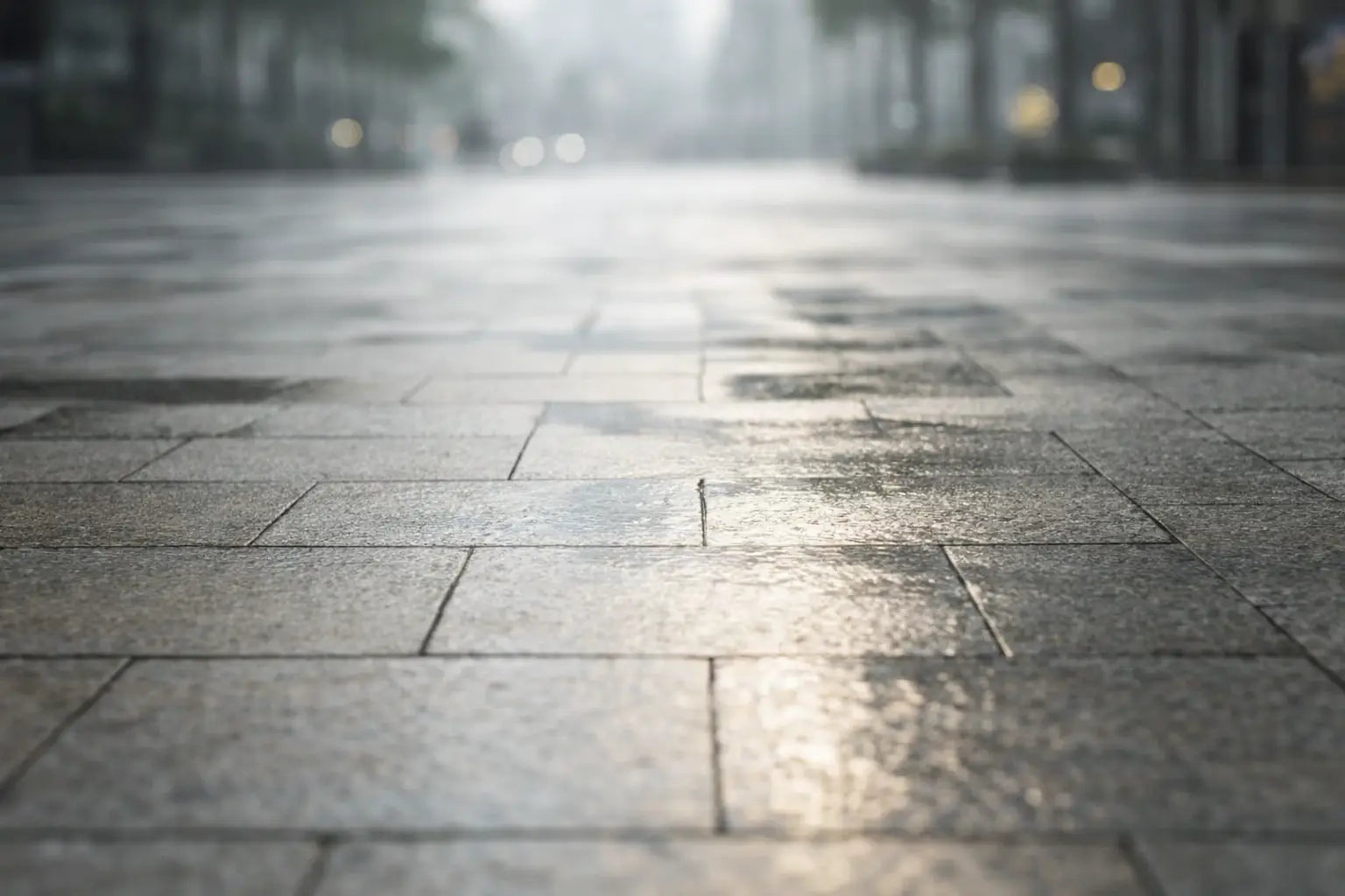 Cloudy urban pavement with soft reflected light showing why amber lens sunglasses improve outdoor visual contrast.