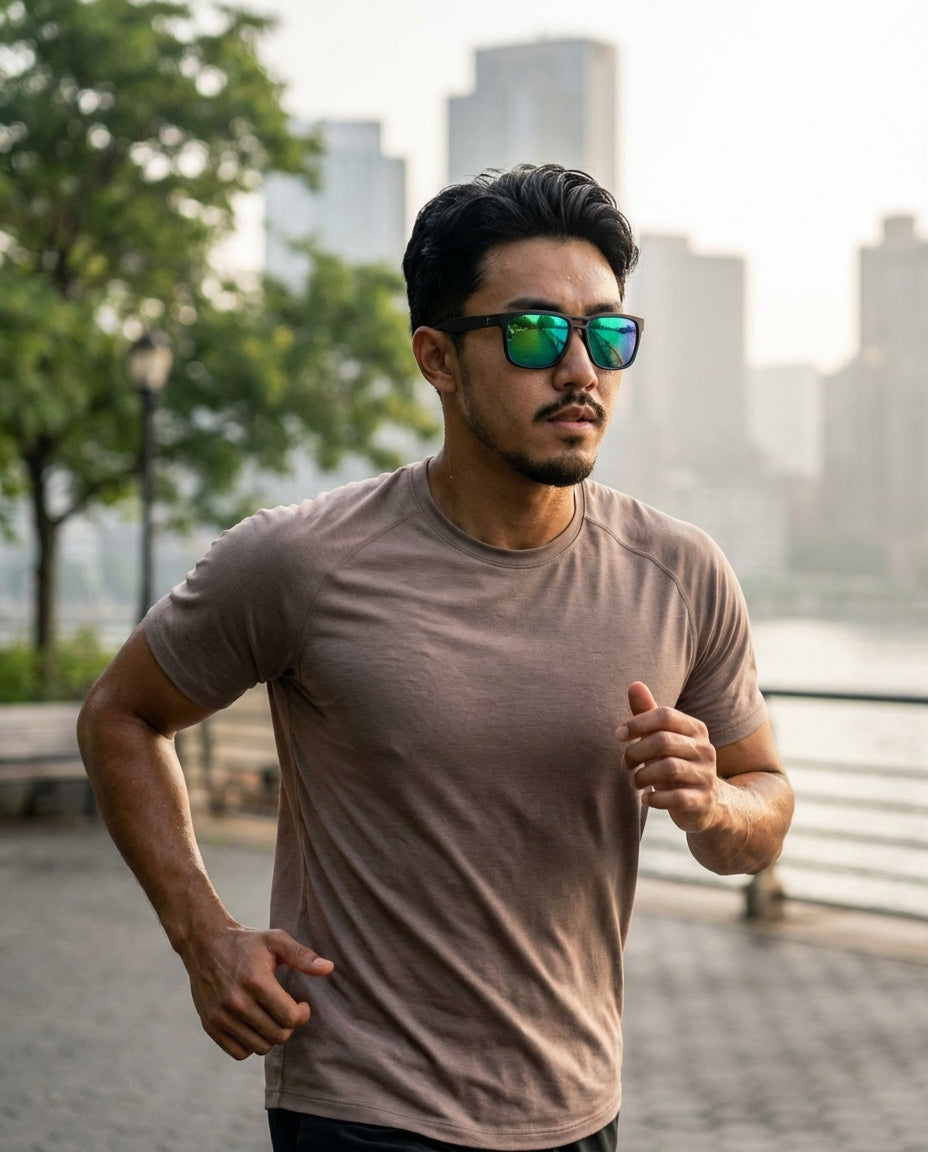 Runner wearing lightweight sunglasses during humid morning outdoor run in tropical city.