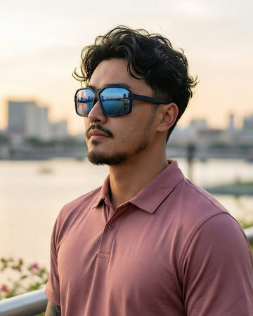 Close-up of a man wearing reflective polarized sunglasses by a city waterfront, representing outdoor screen visibility and navigation use