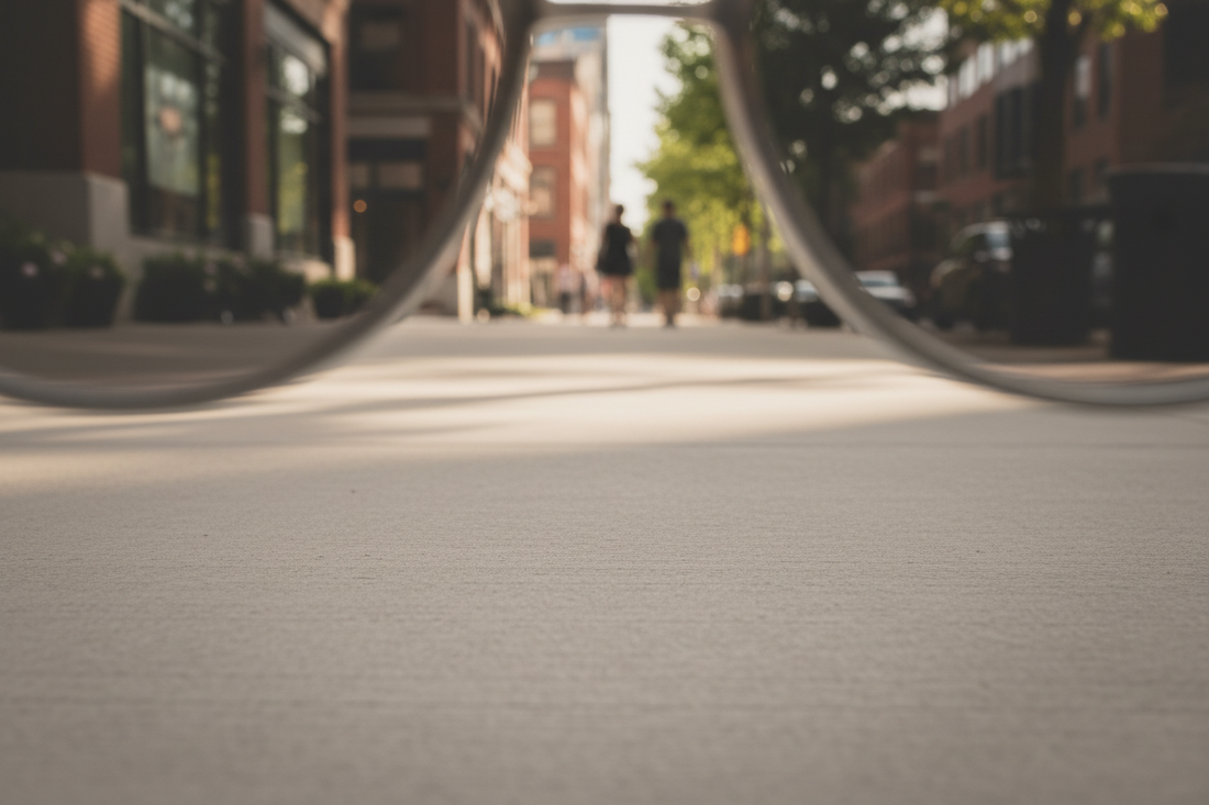 Urban walking pavement in soft daylight illustrating visual comfort associated with gray lens sunglasses.