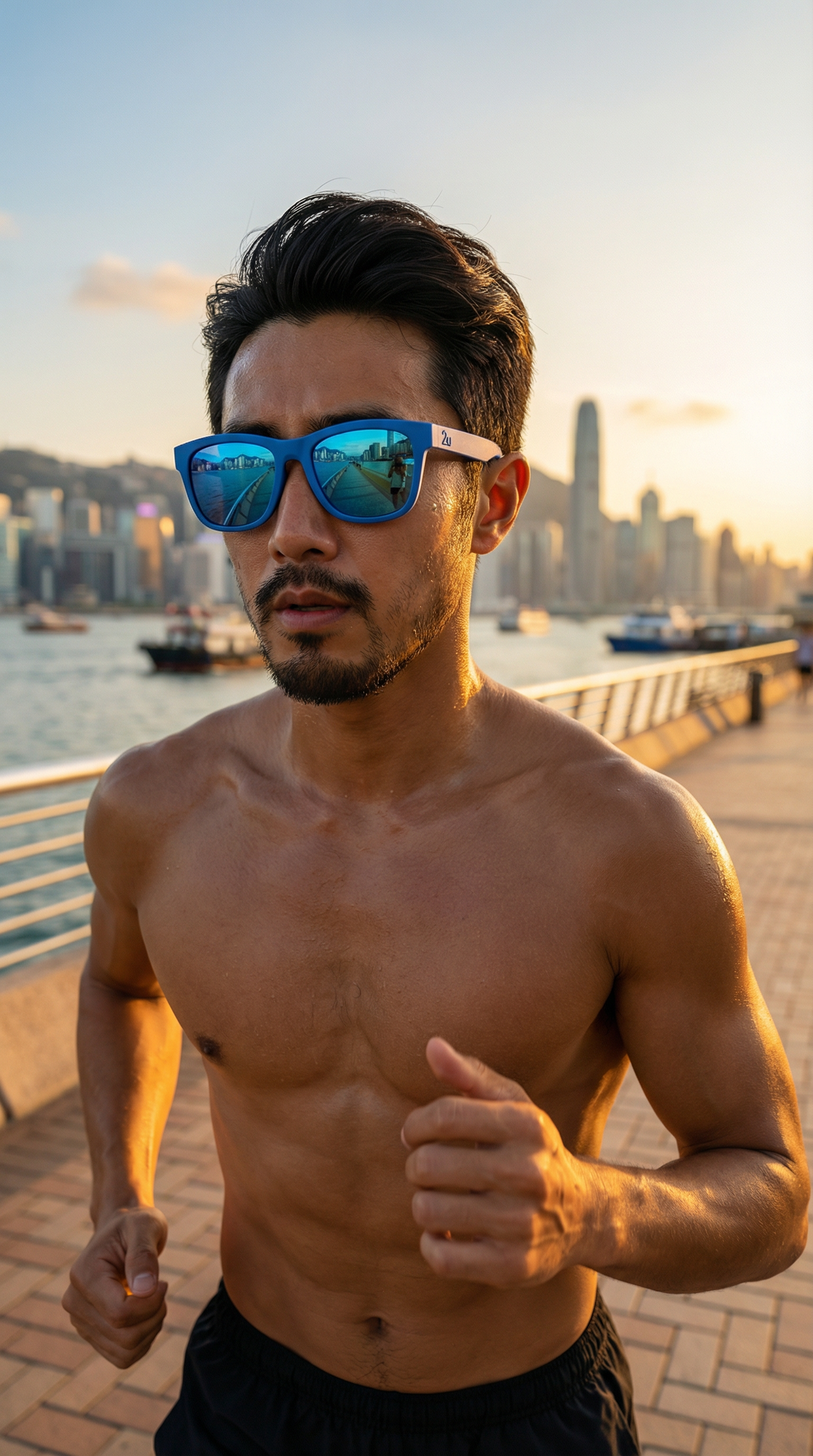Runner wearing performance sunglasses along an urban waterfront at golden hour, representing stable fit and clear outdoor use in a humid tropical city