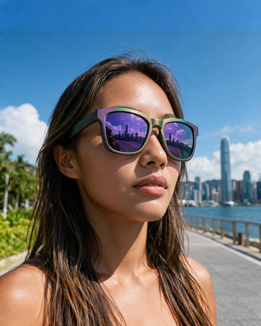 Woman wearing Fancy sunglasses with a hand-sprayed Purple Green frame and Purple Green Hexachroma lenses