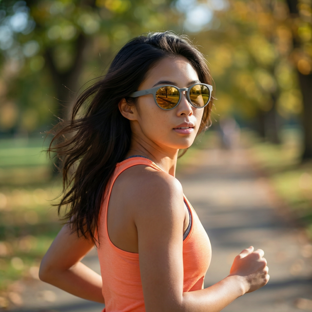 Woman wearing sunglasses and an orange tank top in a park setting