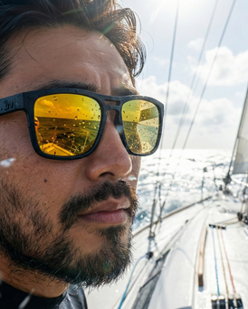 Man wearing sunglasses on a sailboat with ocean and sky in the background