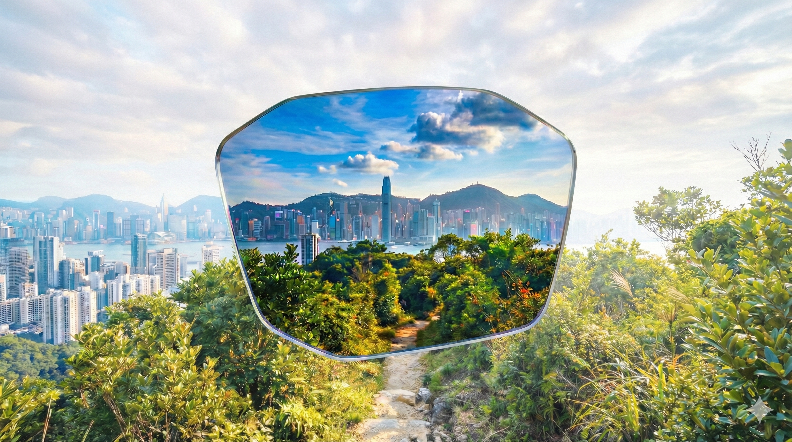 Cityscape reflected in a lens with trees and mountains in the foreground
