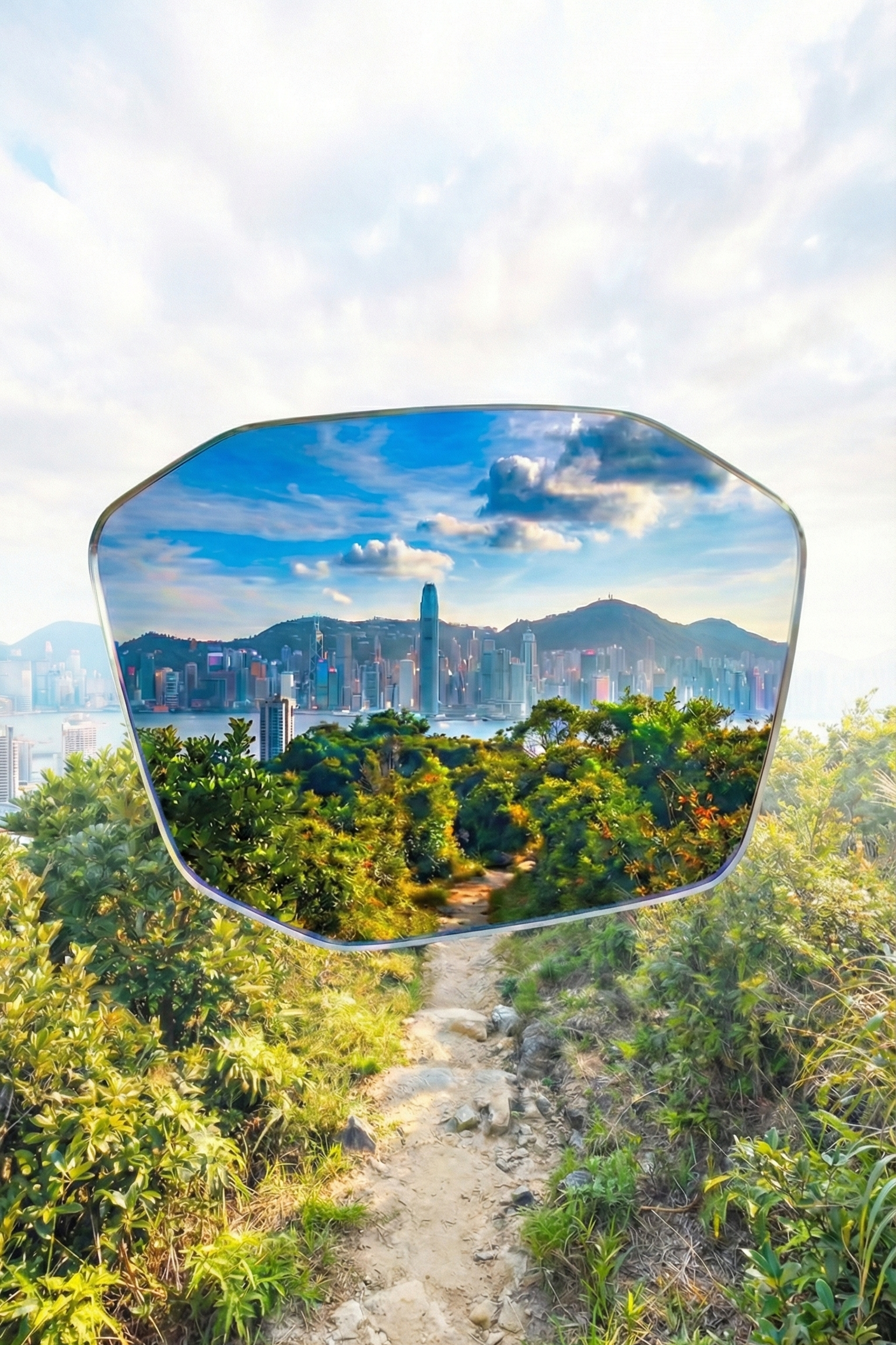 Mirror reflecting a cityscape with mountains and trees in the foreground