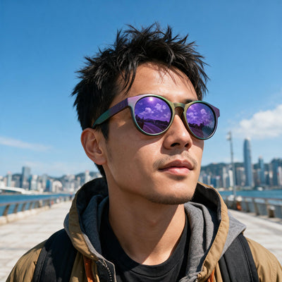 Man wearing Halo sunglasses with a hand-sprayed Purple Green frame and Purple Green Hexachroma lenses