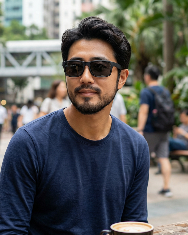 Man wearing sunglasses sitting at an outdoor cafe with a cityscape background