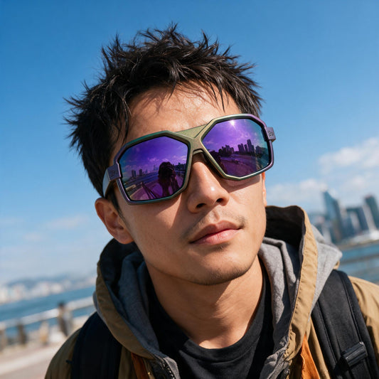 Man wearing Zealot sunglasses with a hand-sprayed Purple Green frame and Purple Green Hexachroma lenses