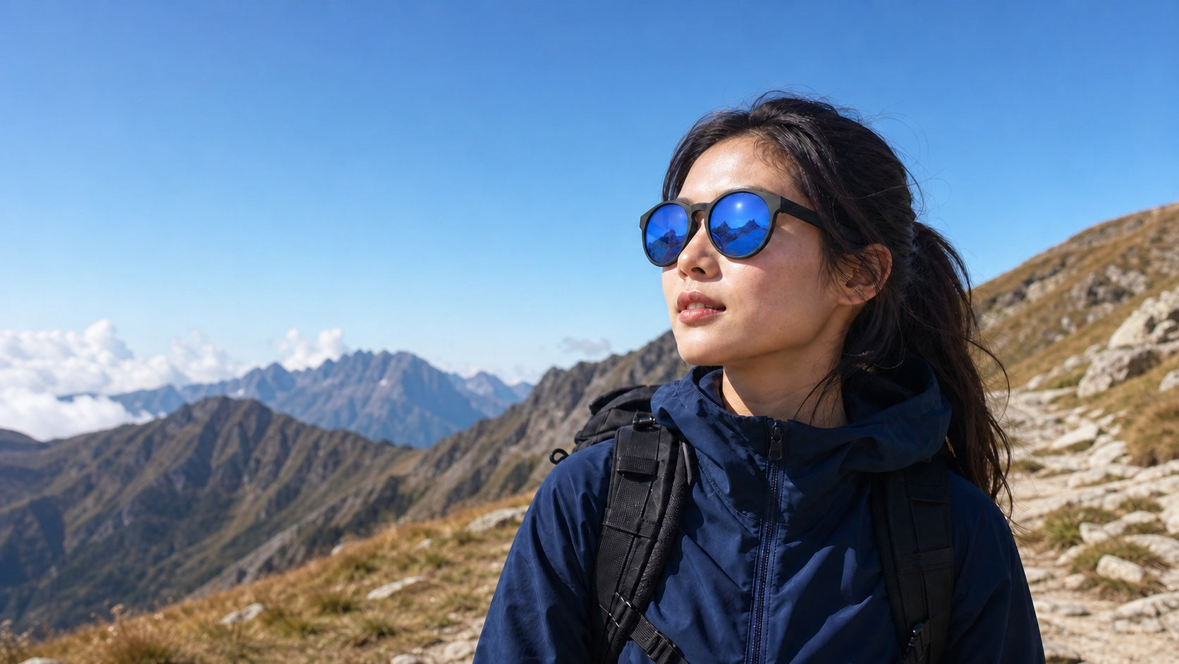 Woman wearing black 2nu Halo sunglasses with deep-blue lenses in high mountain light for the Running and High Mountain Trekking sunglasses guide.